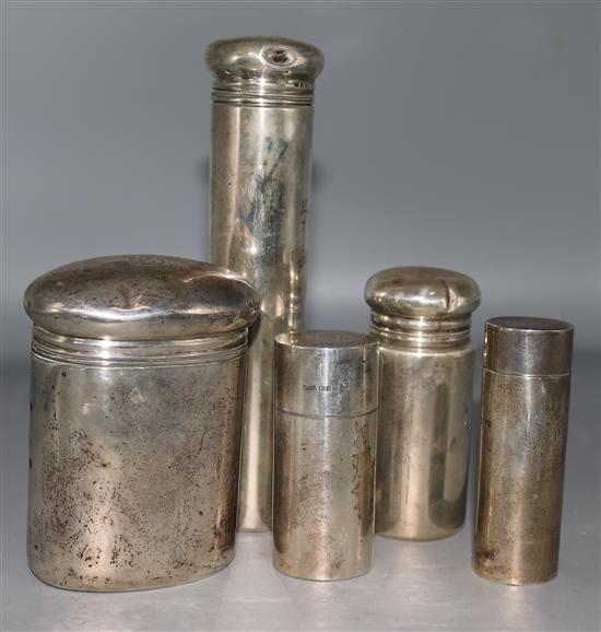 Five Edwardian silver lidded toilet bottles/jars by Asprey & Co Ltd, London, 1909, largest 6.75in.